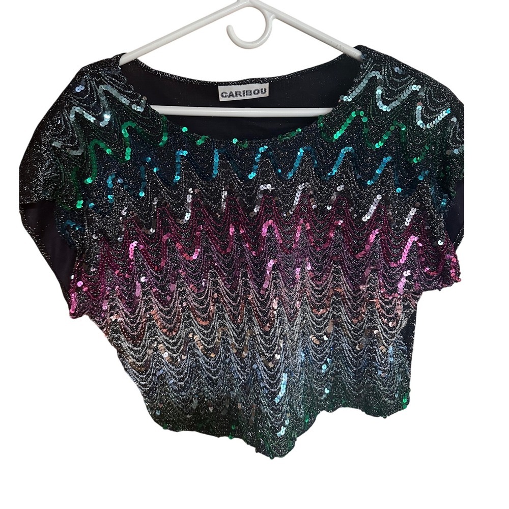Vintage Caribou Rainbow Sequin Metallic Knit Crop Top Black Multi Festival Disco